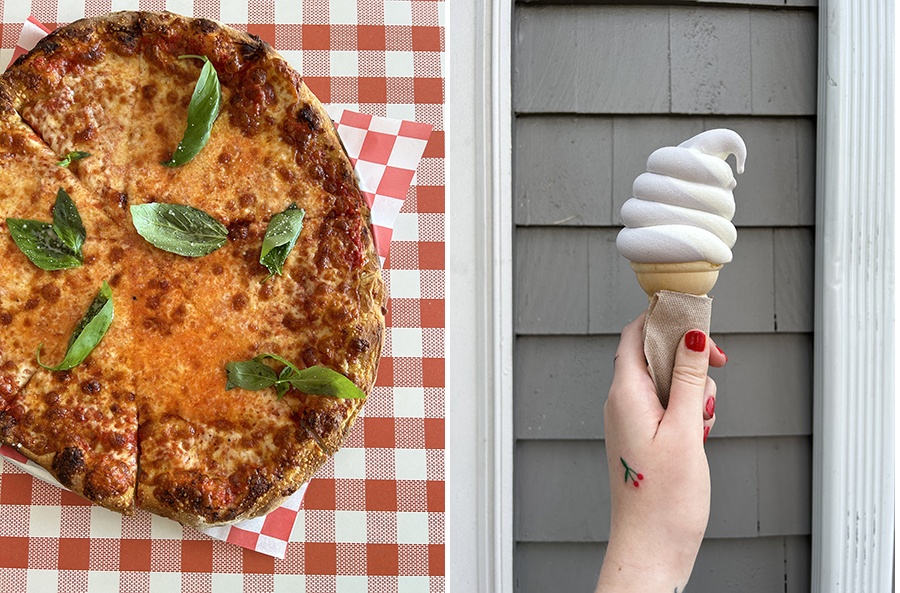 Side-by-side photos of cheese pizza topped with basil on a red and white checkered tablecloth and a hand holding up a soft serve cone.