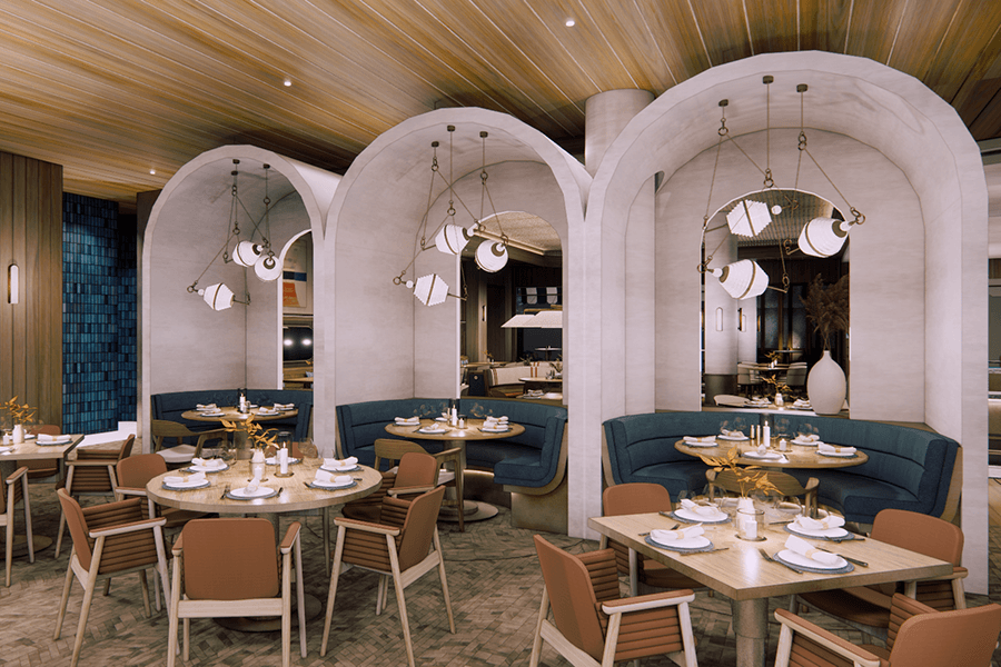 A rendering of an elegant seafood restaurant has a very nautical feel, with light wooden beams, blue tiling, and ivory archways over rounded blue banquettes.