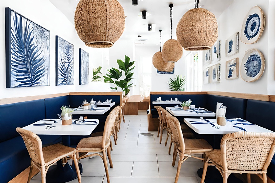 Rendering of a bright white restaurant dining room with dark blue and wicker accents and some greenery.