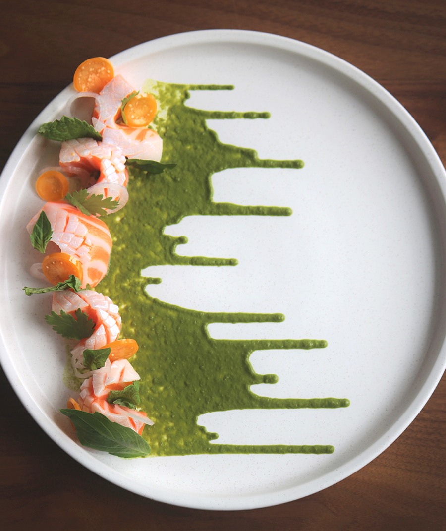 Overhead shot of raw salmon plated with a dramatically dripping green sauce.
