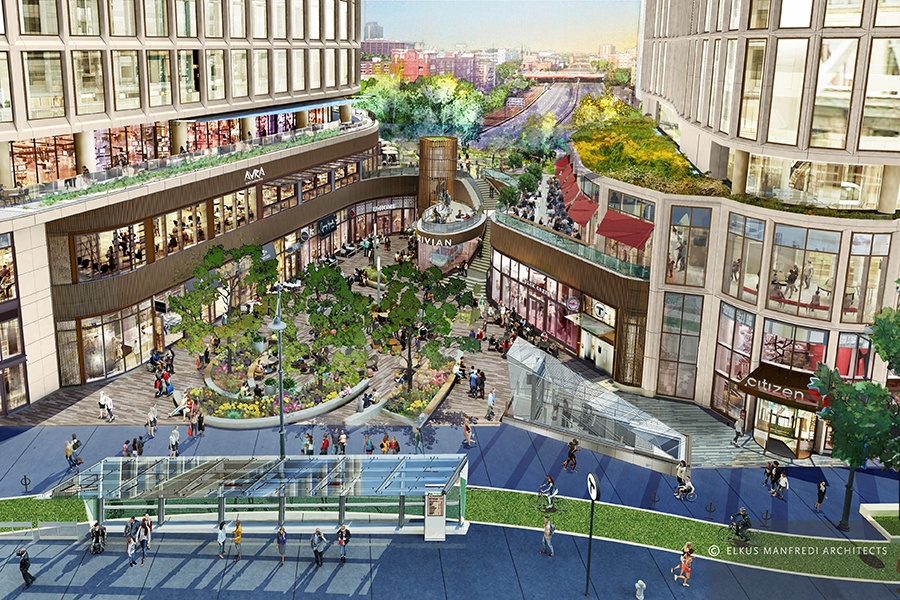 Rendering of a multi-story city development with green space, a hotel, restaurants, and stores.