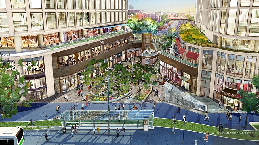 Rendering of a multi-story city development with green space, a hotel, restaurants, and stores.