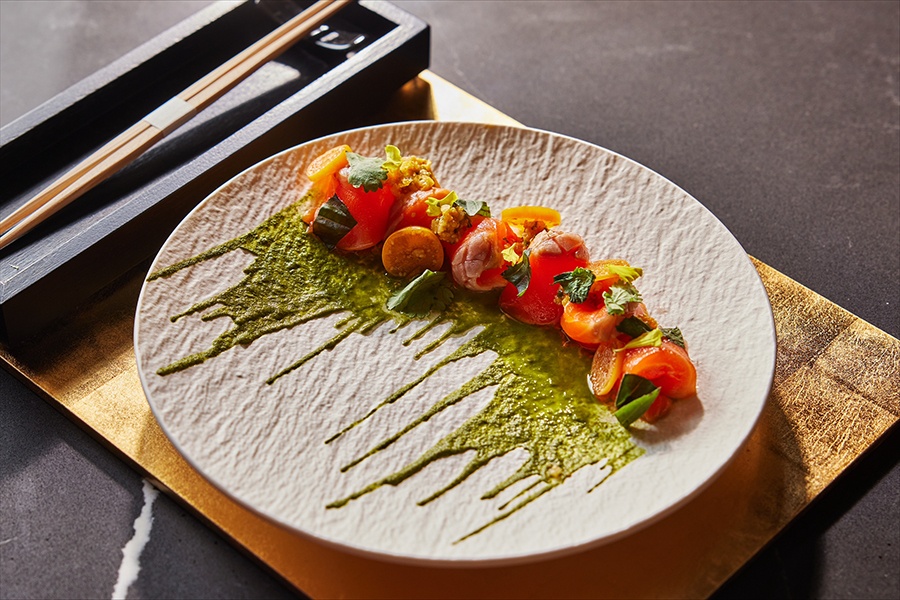 Raw salmon is plated with herb garnishes, sliced kumquats, and a green sauce dripped artistically on the plate.