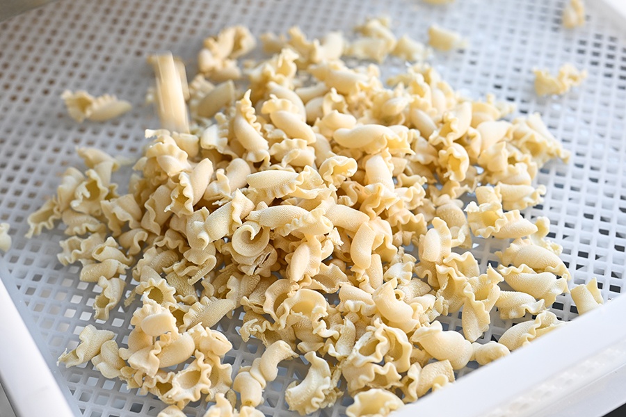 Fresh twists of campanelle pasta sit in a white storage container.