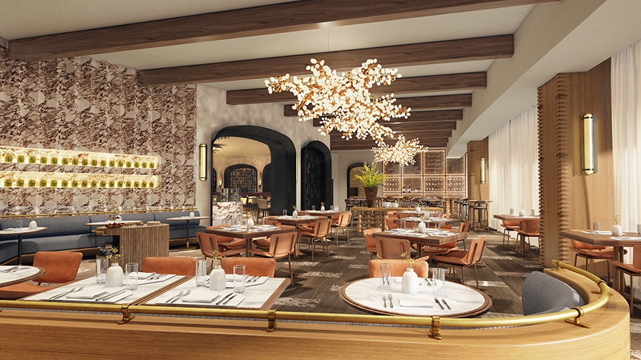 Rendering of an upscale restaurant with light wood, marble, and orange-brown seating.