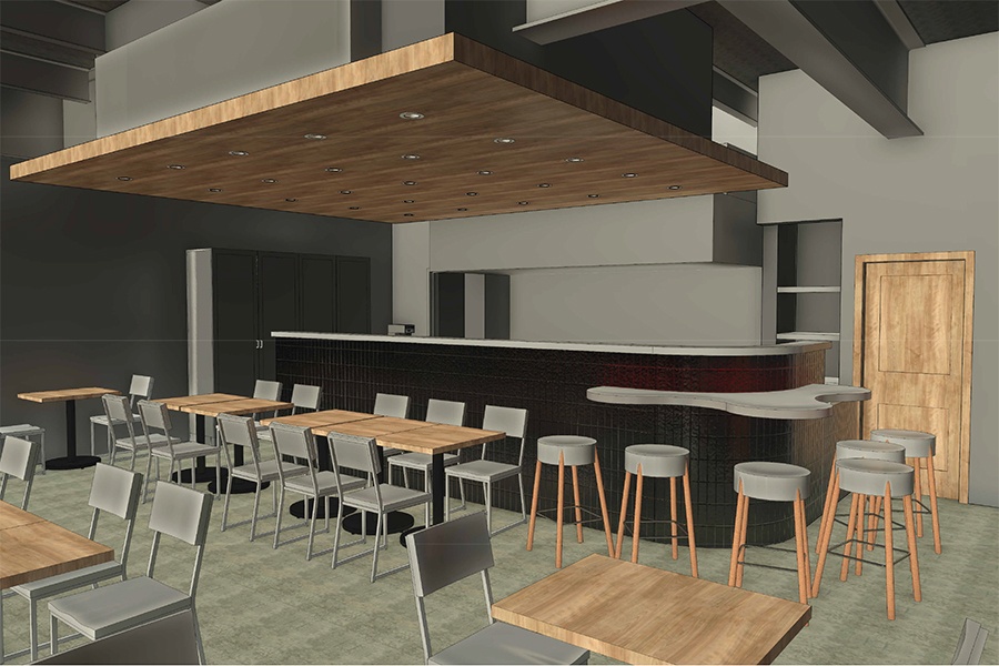 A rendering of a small restaurant and bar features light wood accents, gray walls and seating, and a black tiled bar.