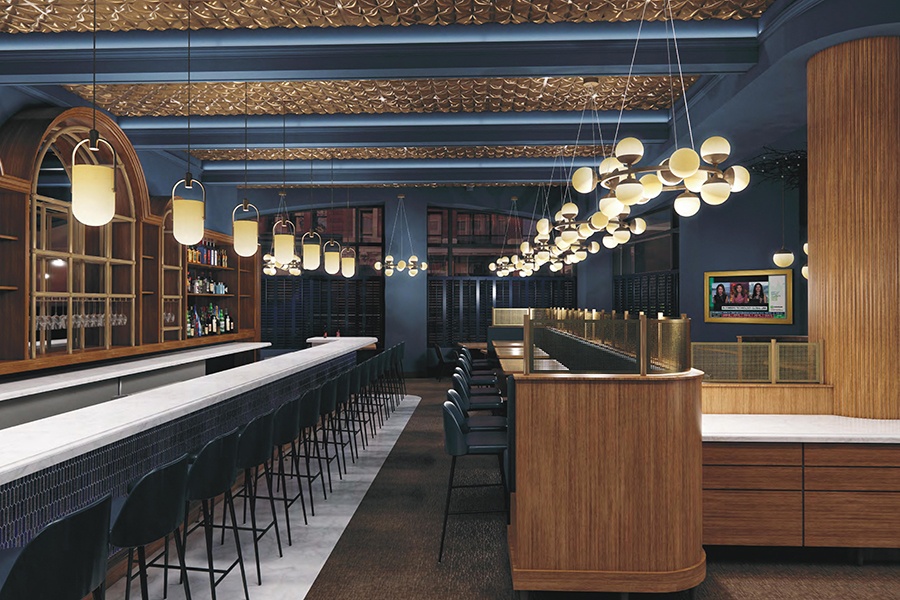 A restaurant rendering features a blue and gold color motif and a white marble bar with light wood accents.
