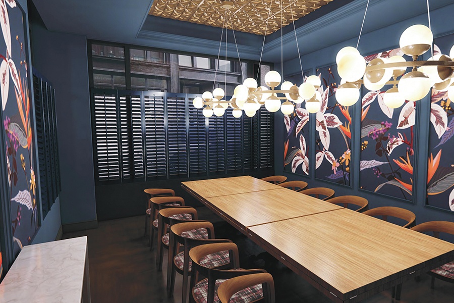 Rendering of a private dining room in a restaurant, featuring dark blue walls and large tropical flower prints.