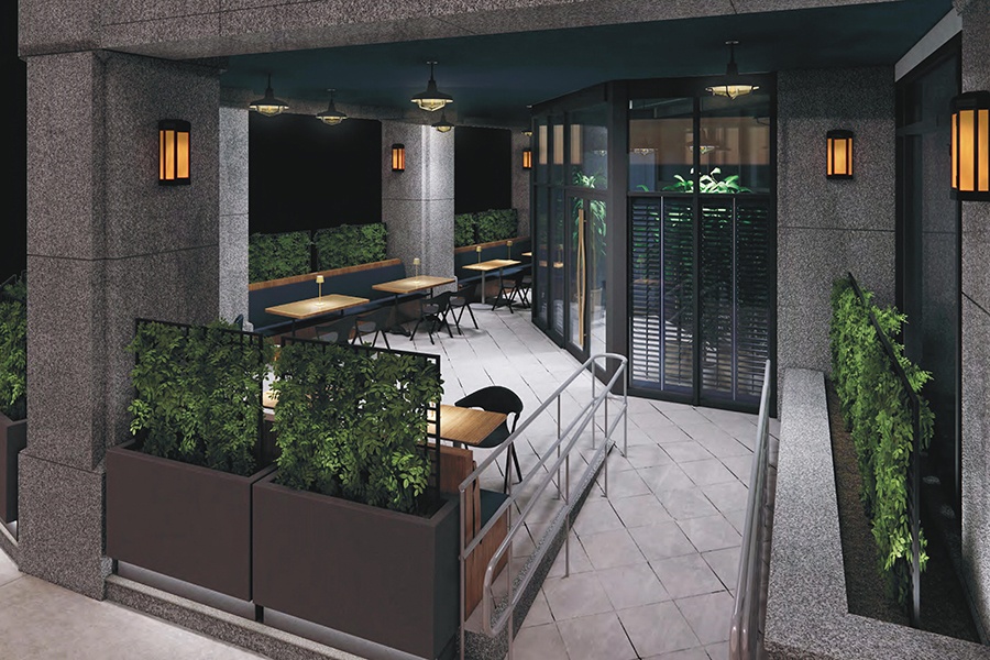 Rendering of a restaurant's elegant covered patio on the ground floor of a city building.