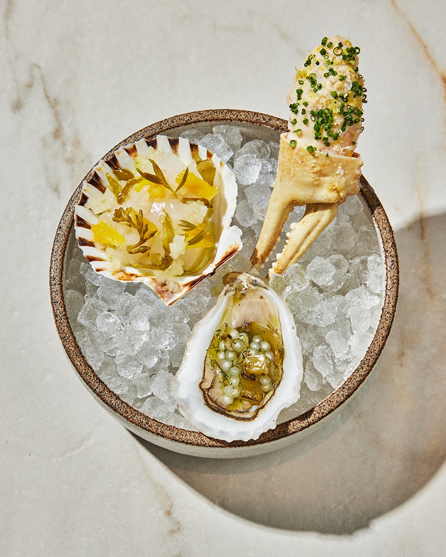 Overhead view of a dressed raw scallop, oyster, and snow crab claw on a bed of ice on a marble surface.