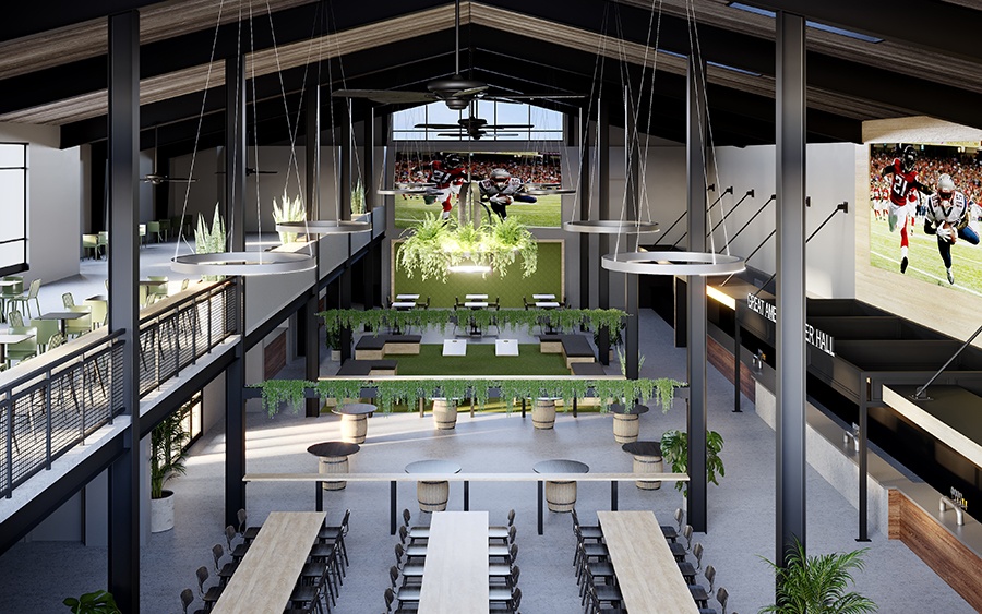 Rendering of a high-ceilinged modern beer hall with large tv screens, greenery, and concessions-style bars.