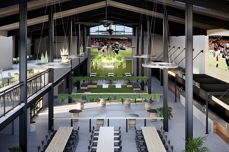 Rendering of a high-ceilinged modern beer hall with large tv screens, greenery, and concessions-style bars.