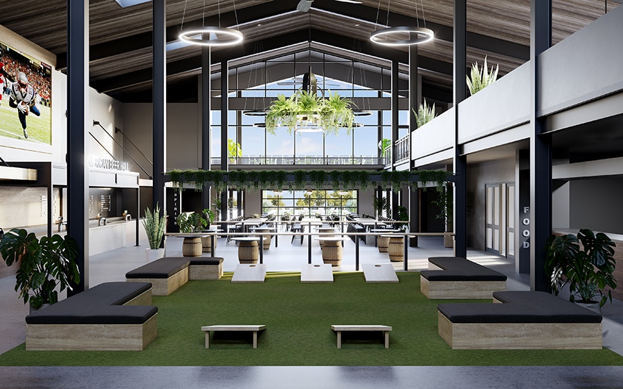 Rendering of a high-ceilinged modern beer hall with a large tv, cornhole, greenery, and concessions-style bars.