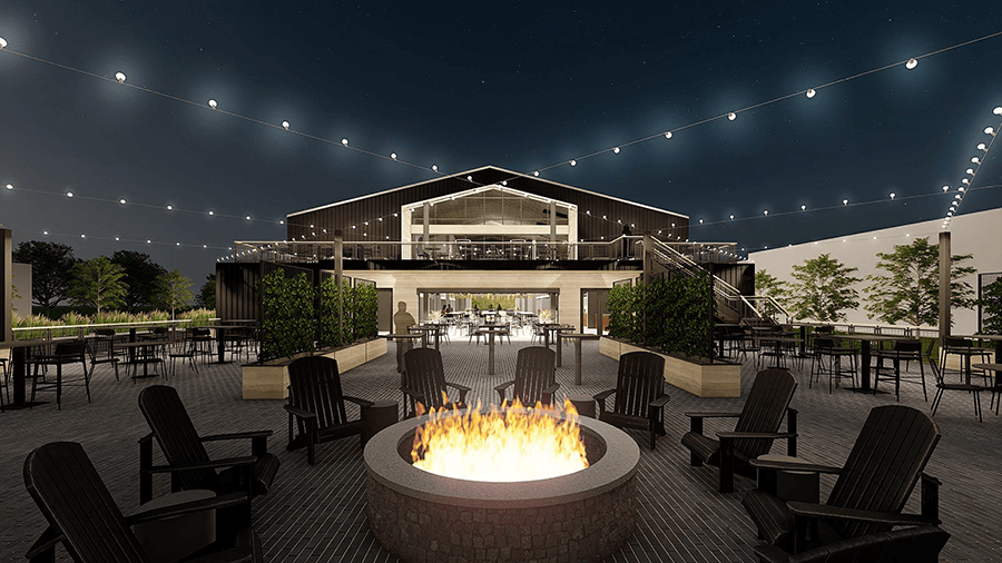 Rendering of Adirondack chairs around a fire pit on the patio of a beer hall at night.