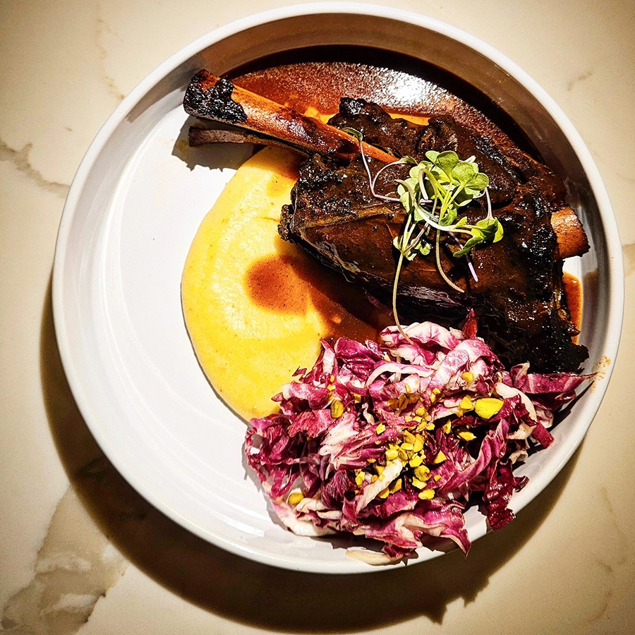 Overhead view of a big, braised piece of lamb on the bone atop a yellow-orange puree and a purple salad of shredded radicchio.