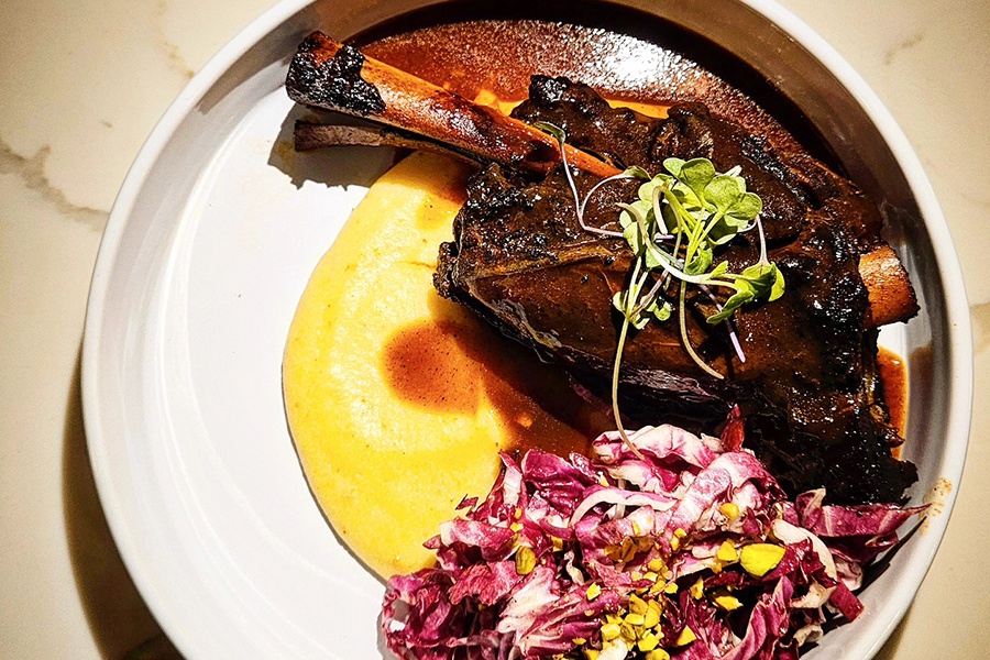 Overhead view of a big, braised piece of lamb on the bone atop a yellow-orange puree and a purple salad of shredded radicchio.