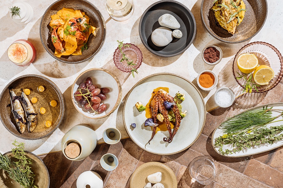 Overhead view of a table full of upscale Greek dishes, mostly seafood, with various condiments and cocktails.