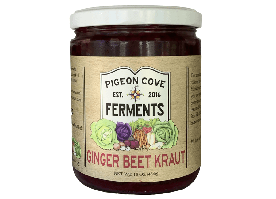 A jar of ginger beet kraut with Pigeon Cove Ferments branding on it.