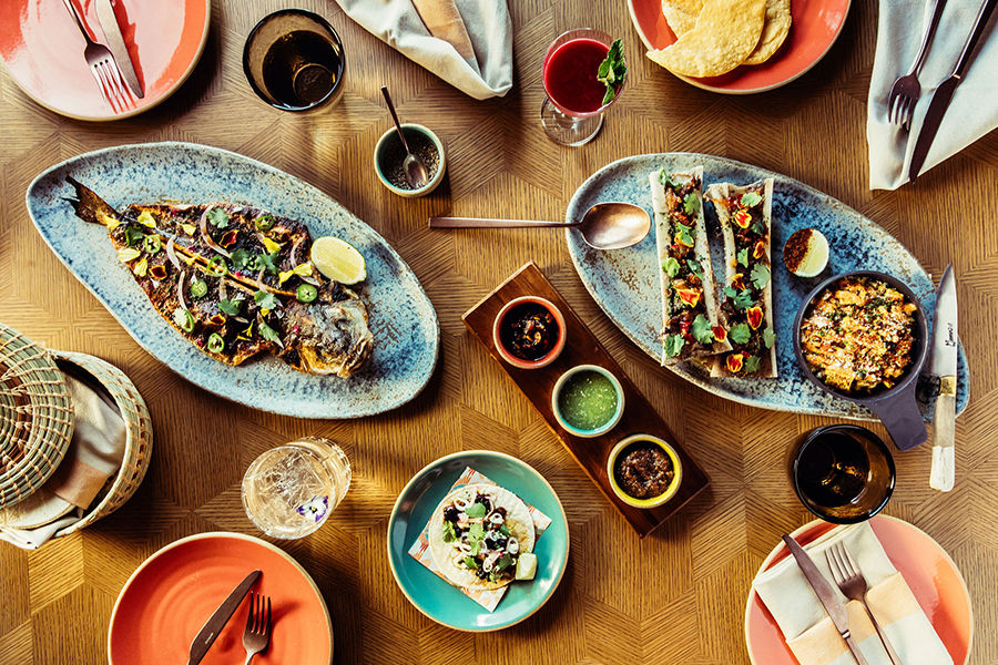 Overhead view of a table full of food, including a bone marrow dish and a whole fish preparation.