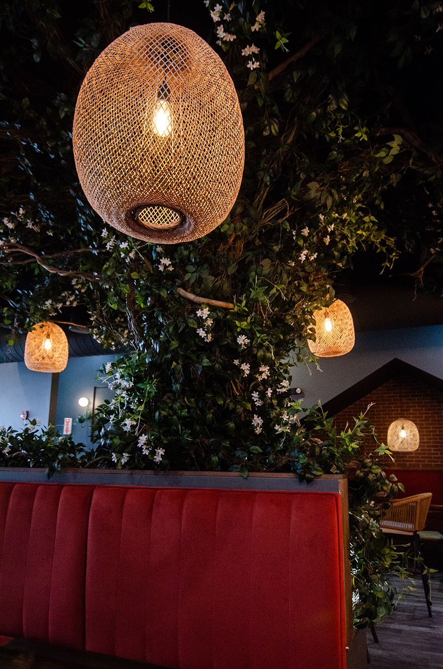 Interior of a restaurant features a plus red booth, a tree covered with creeping white flowers, and basket-like light fixtures.